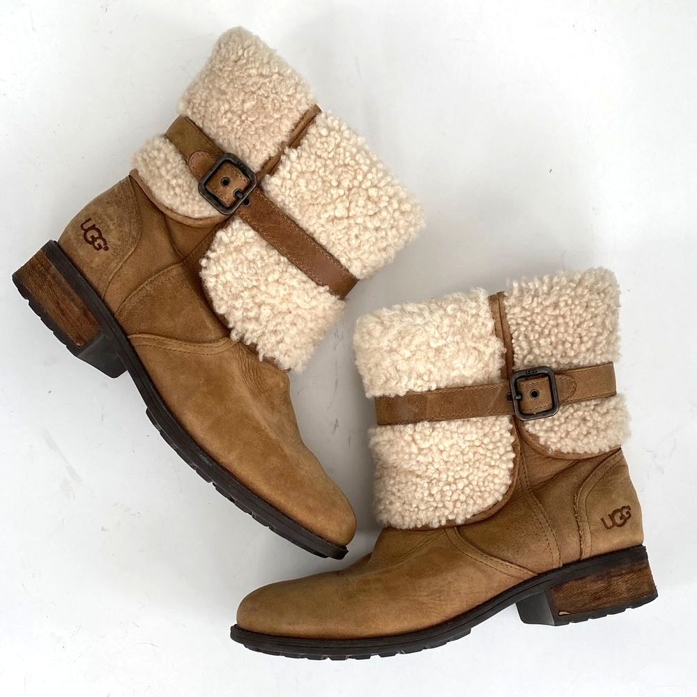 UGG Blayre II Boots Women's Tan Suede Cream Shearling Buckle Sz 9.5 Boho Western